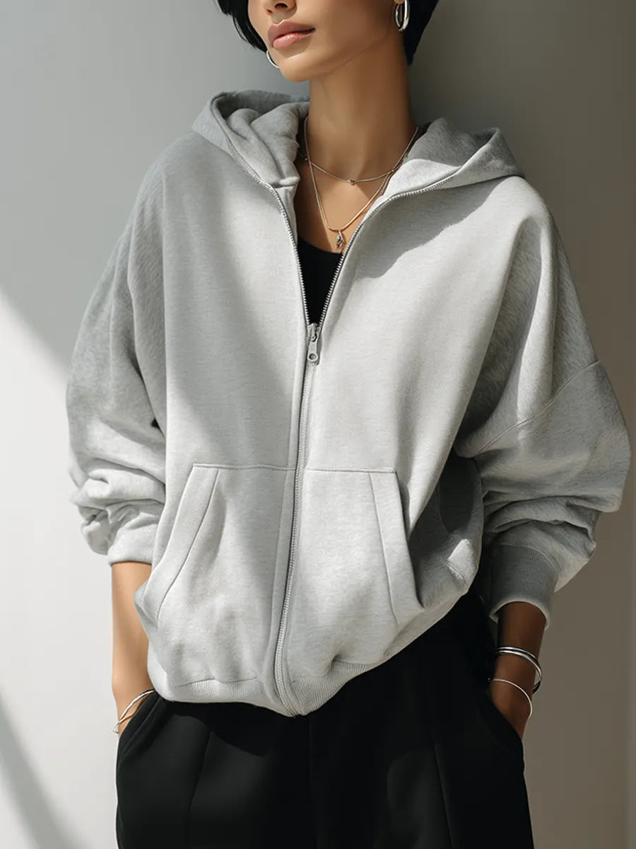 Women's Fashion Oversized Light Gray Zip-Up Hooded Sweatshirt Jacket MDZ1682G7ZRK