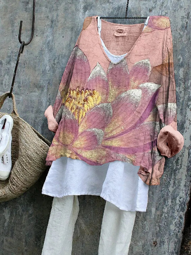 Lotus Flowers Japanese Art Linen Blend Cozy Tunic