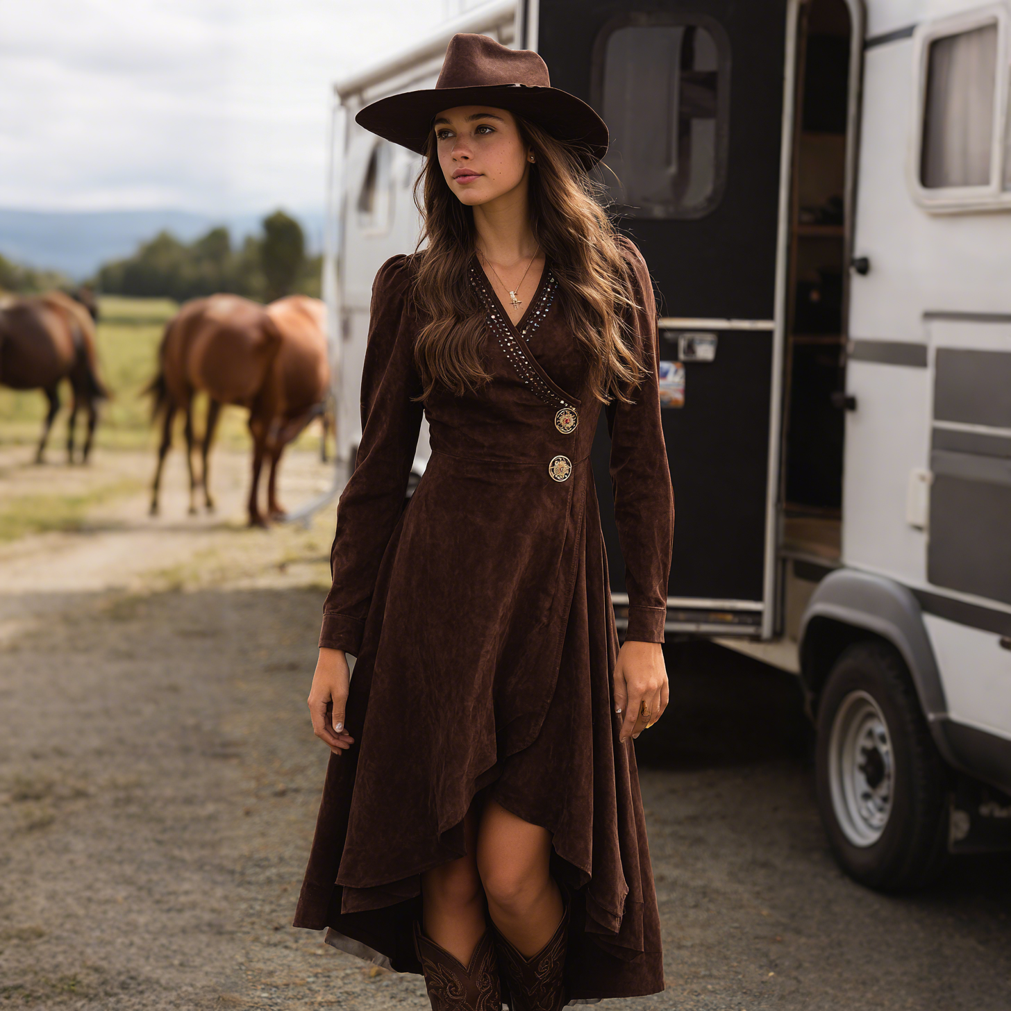 Women's Retro Western Style Mid-Neck Long Sleeve Maxi Dress