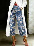 Women's Vintage Floral Art Casual Wide Denim Pants