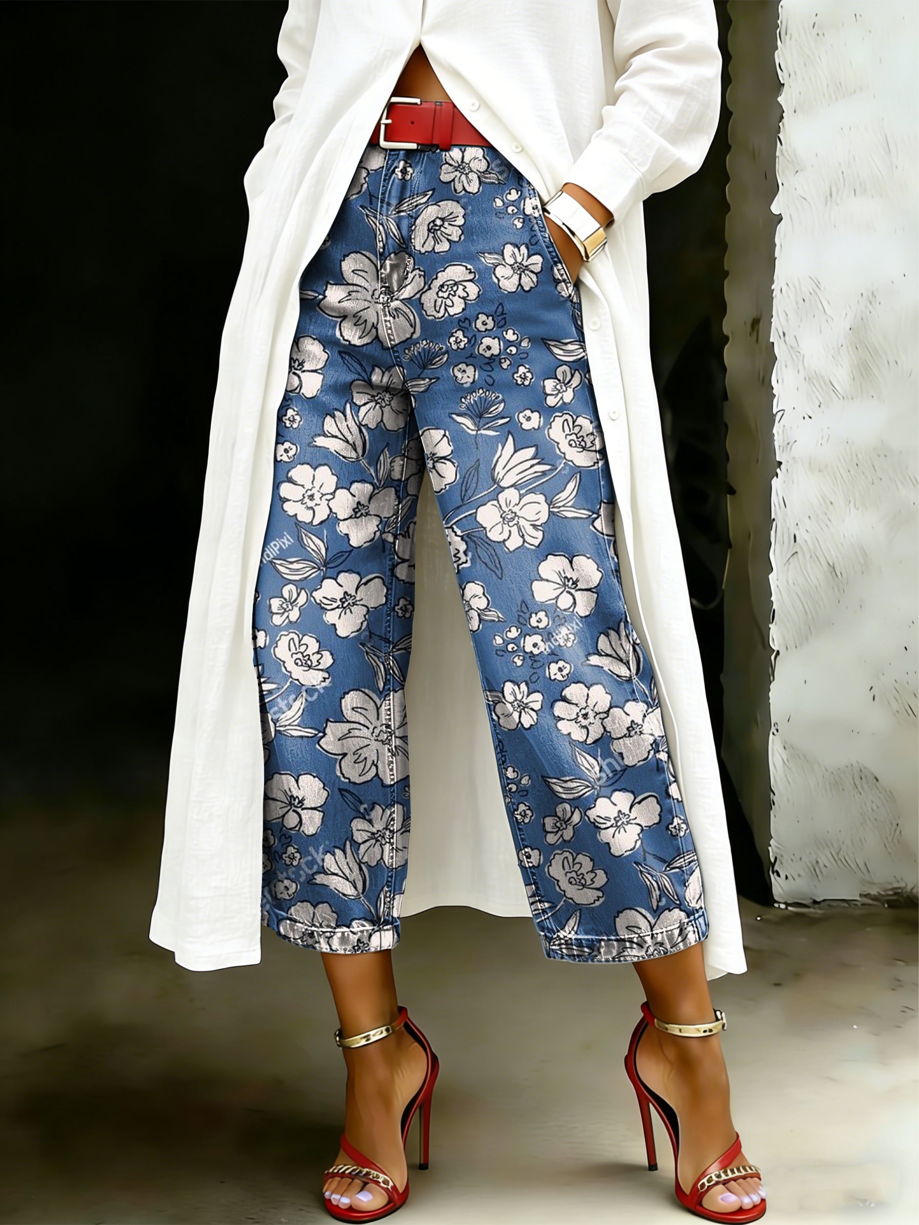 Women's Vintage Floral Art Casual Wide Denim Pants