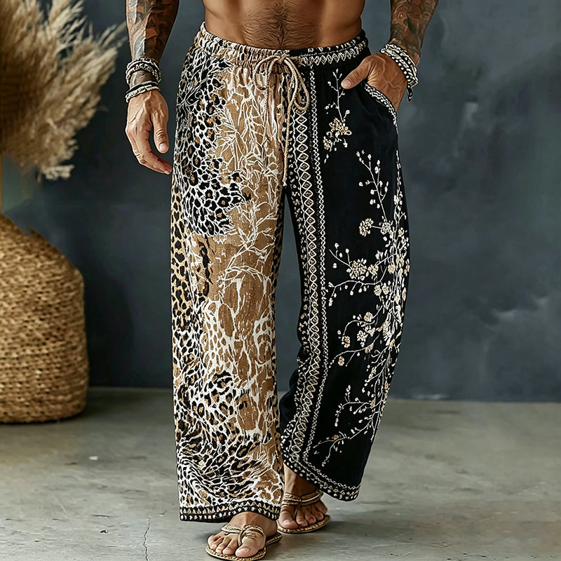 Men's Vintage Spring Leopard And Floral Art Print Flowy Linen Blend Casual Pants