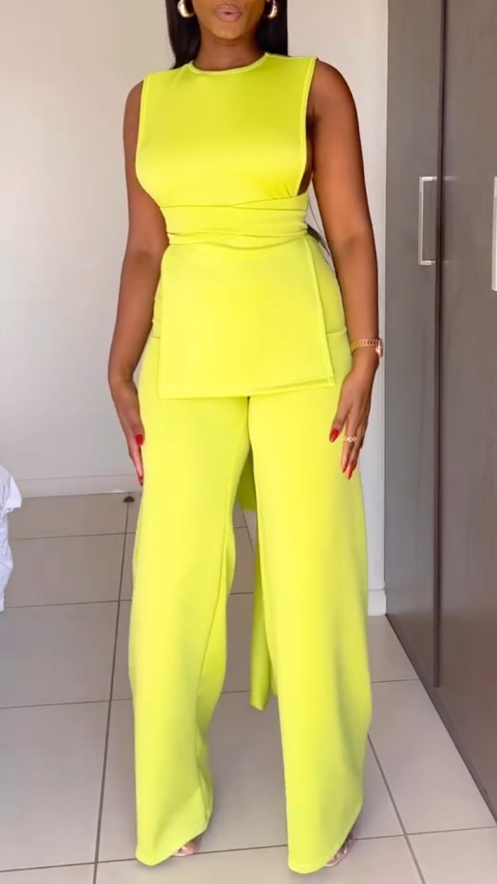 Women's Round Neck Tie-up Top + Fluorescent Casual Pants Set