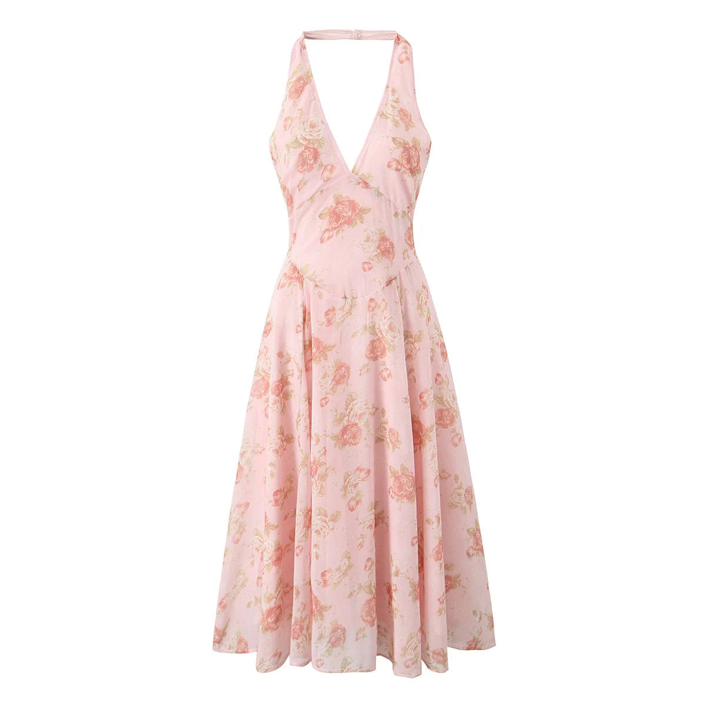 Elviera Pink Floral Halterneck Midi Dress – Plunge Neck Backless Summer Occasion Dress
