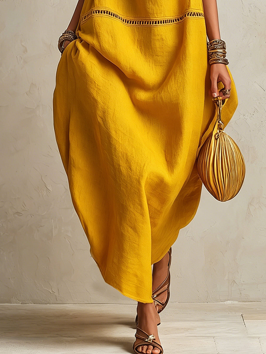 Yellow Sleeveless Maxi Dress With High Neck And Cutout Trim