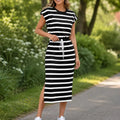 Sereva – Striped Drawstring Waist Midi Dress with Side Slit