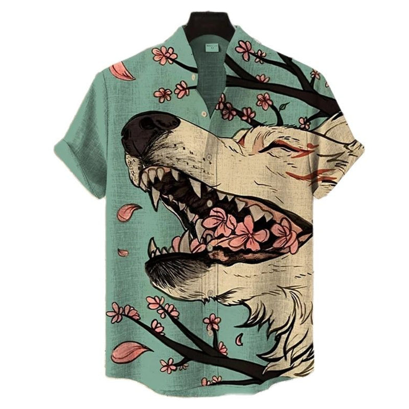 Men's Fox Fairy Cherry Blossom Art Print Casual Short-sleeve Shirt