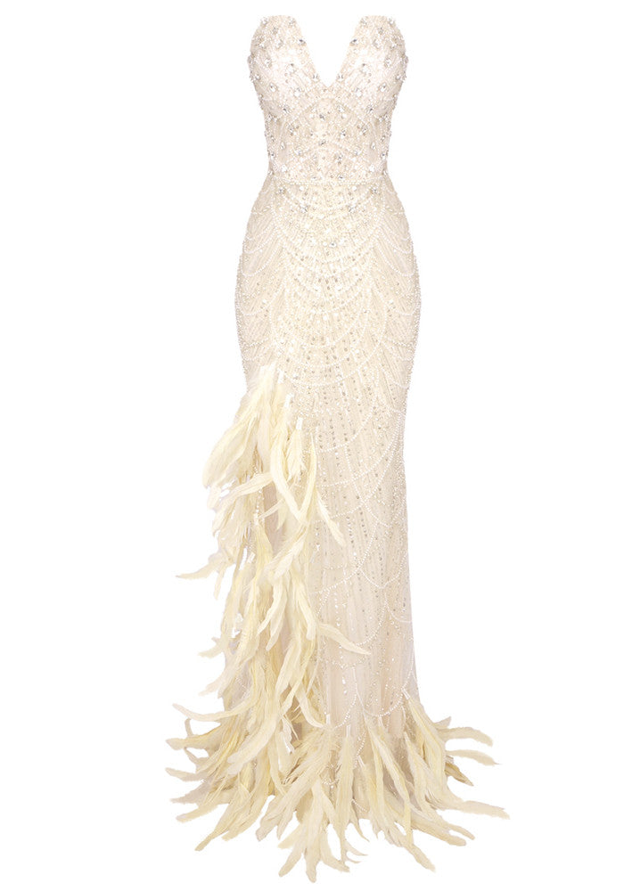 Strapless Crystal Sequin Feather Maxi Dress Ivory