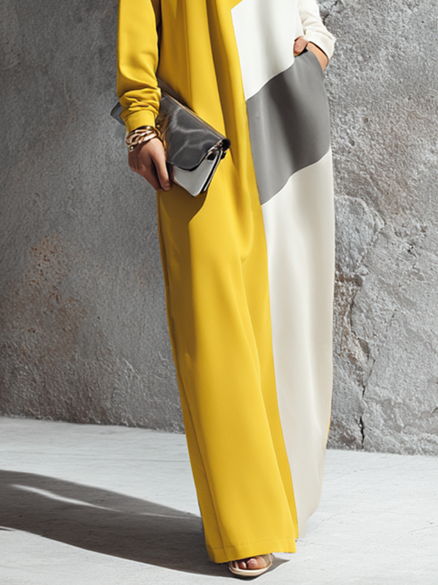 Women's Modern Elegant Yellow White Cotton Blend Color-Block Round Neck Long Maxi Dress MDZ2280G4GMJ