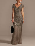 V-neck Beaded Short Sleeve Dress with Godets Mother of the Bride Dress