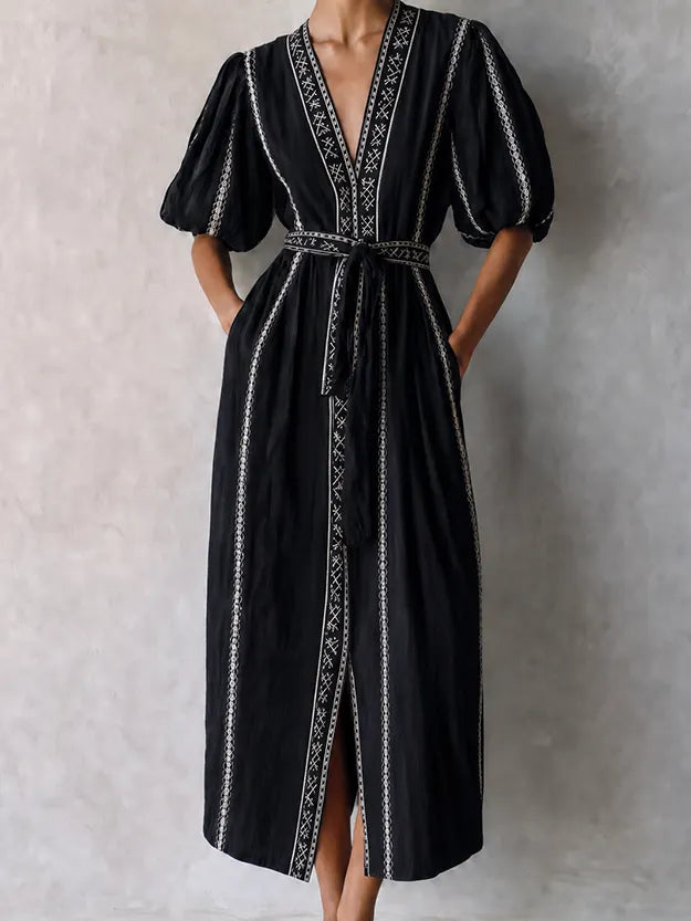 Women's Bohemian Black Cotton Blend V-Neck Puff Sleeve Geometric Embroidery Belted Midi DressMDZ0712G1ZSQ