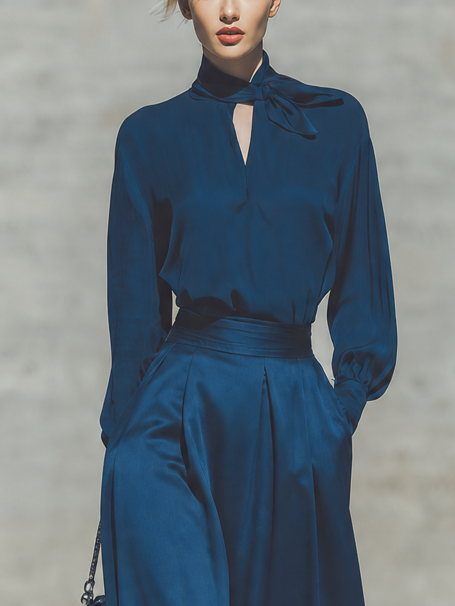 Women's Solid Deep Blue Satin Bow Tie Mock Neck Long Sleeve Loose Top High Rise Waist Side Pocket Skirt Set MDZ2496G7YZJ