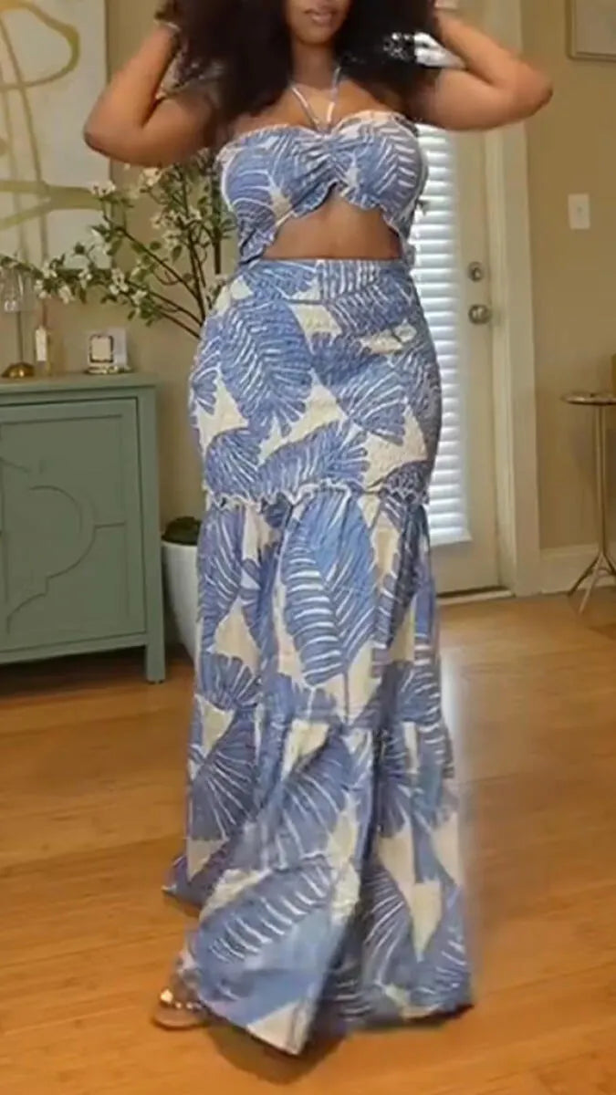 Women Neck Hanging Printed Top + Half Skirt Vacation Casual Style Set