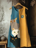 Cute Peeking Cats Pattern Linen Tank Dress