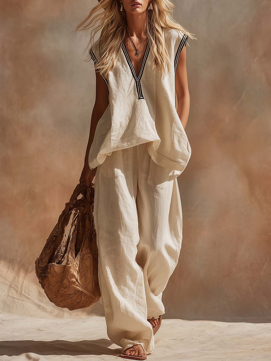 Retro-style Comfortable Bohemian V-neck Off-white Cotton And Linen Top And Pants Set