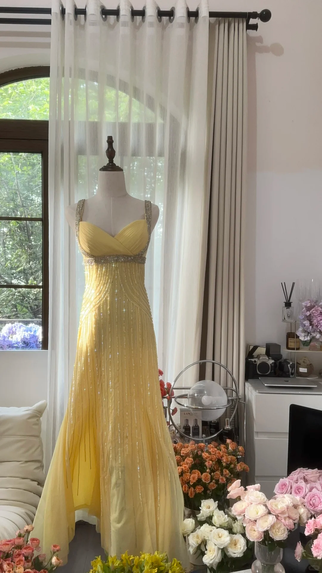 Lit Yellow Gorgeous Shiny Fashion Elegant Exquisite Beaded Long Tulle Backless Fairy Ball Gown Evening Dress Birthday/Wedding Guest/Holiday Party Dress Prom Dress Valentine's Day Date Dress 4034