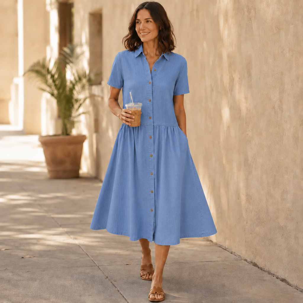 Everly – Shirt Dress with Pockets A-Line Midi Button Front