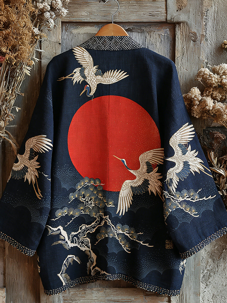 Retro Japanese Traditional Sashiko With Crane Art Print Cotton And Linen Blend Kimono Cardigan