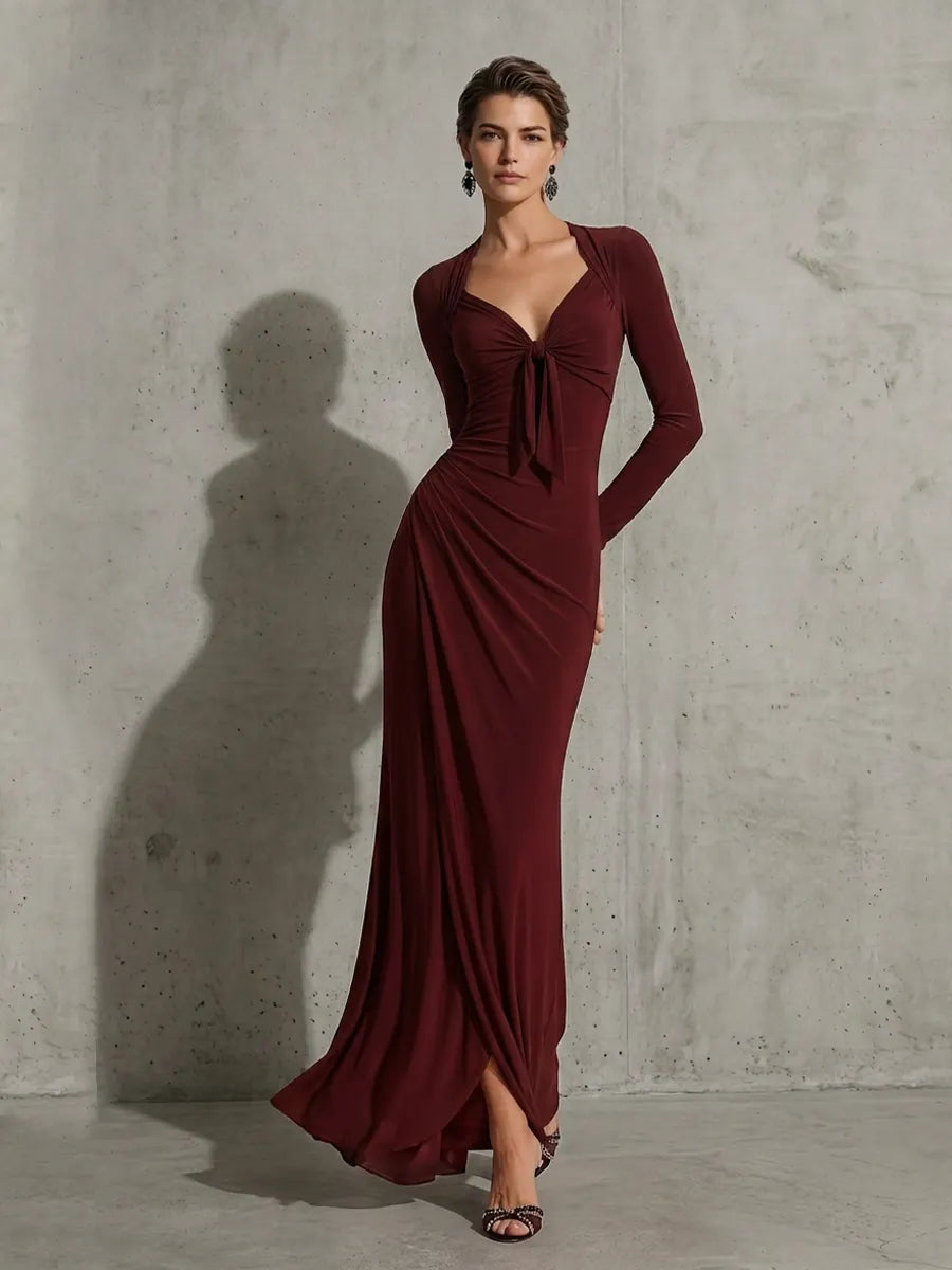 Women's Burgundy Soft Jersey Maxi Dress With Front Tie V Neck & Draped Wrap Skirt, Sexy Bodycon Evening Floor Length Gown MDZ1544G2LYL