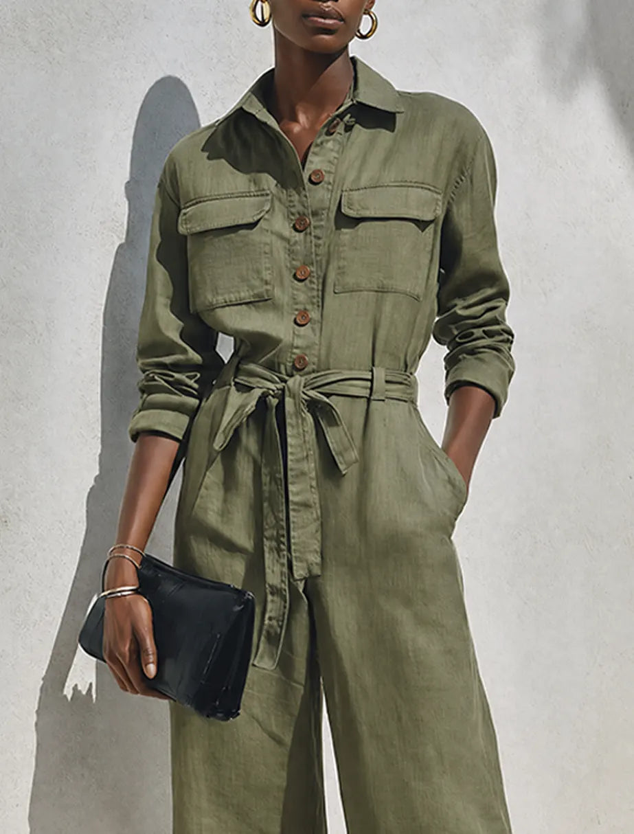 Women's Minimalist Linen-Blend Long-Sleeve Wide-Leg Jumpsuit MDZ0980G6ZRK