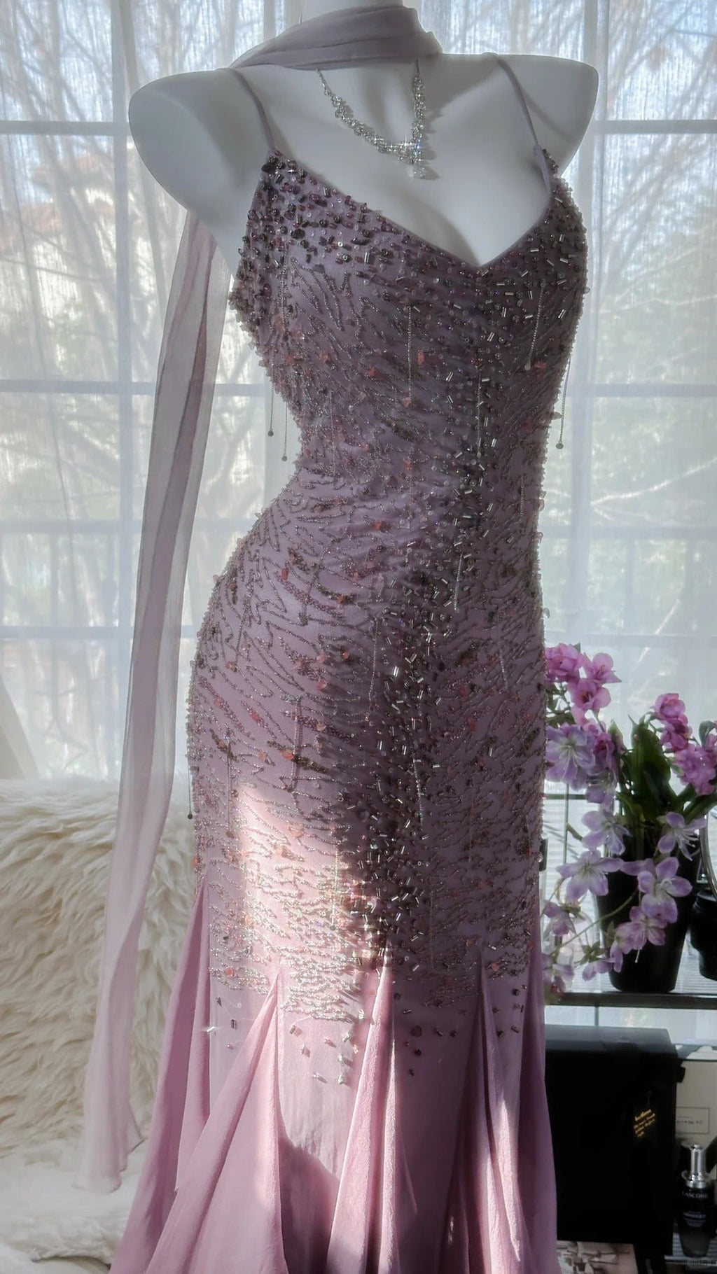 Pink Purple Elegant Romantic Exquisite Beaded Long Chiffon Ball Gown Evening Dress Birthday/Wedding Guest/Holiday Party Dress Prom Dress