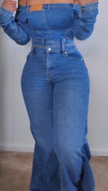 Women Strapless Patchwork Top+ Pants Casual Denim Suit