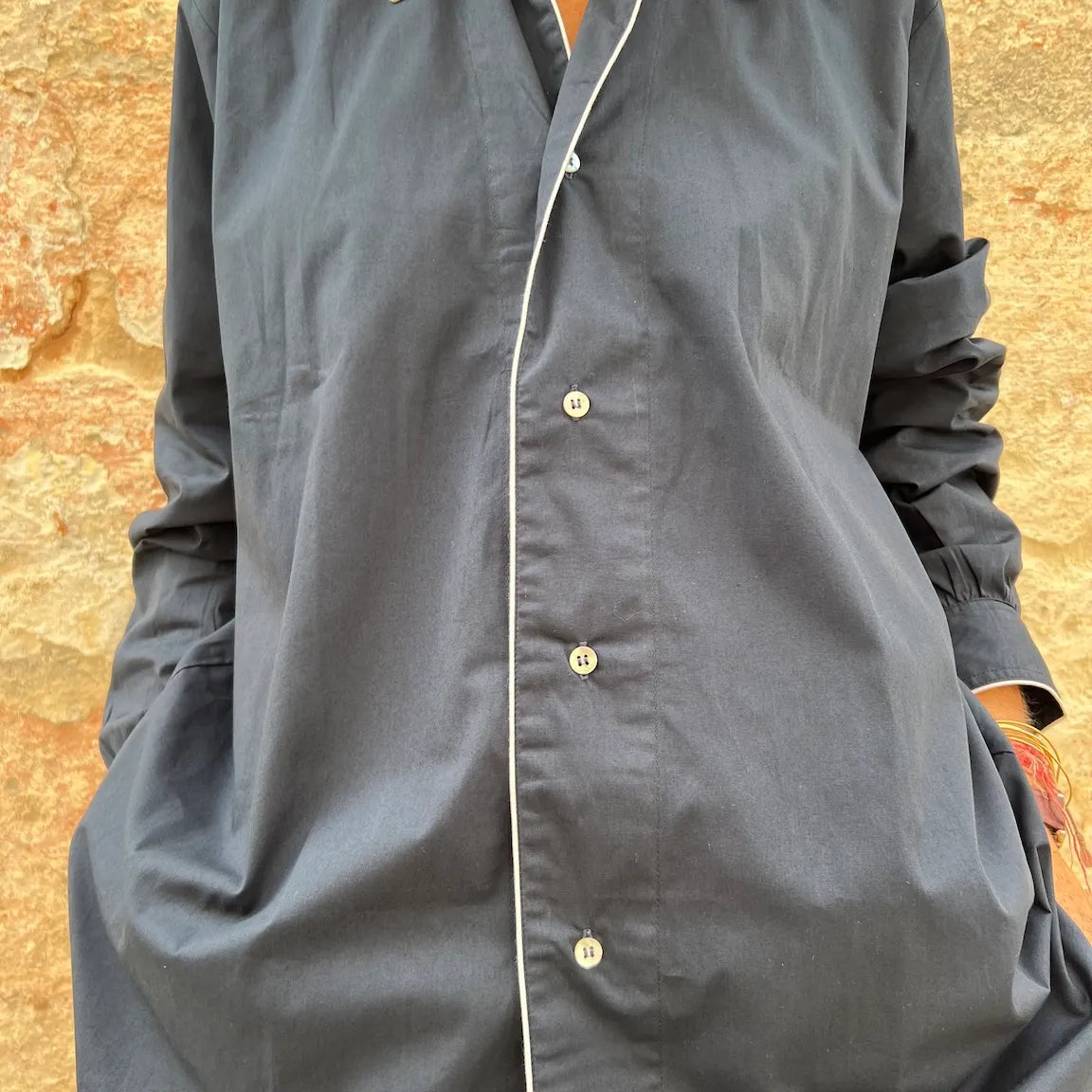 Massi Oversized Piping Shirt - French Resort Mid-Length Blouse | Dadihouse