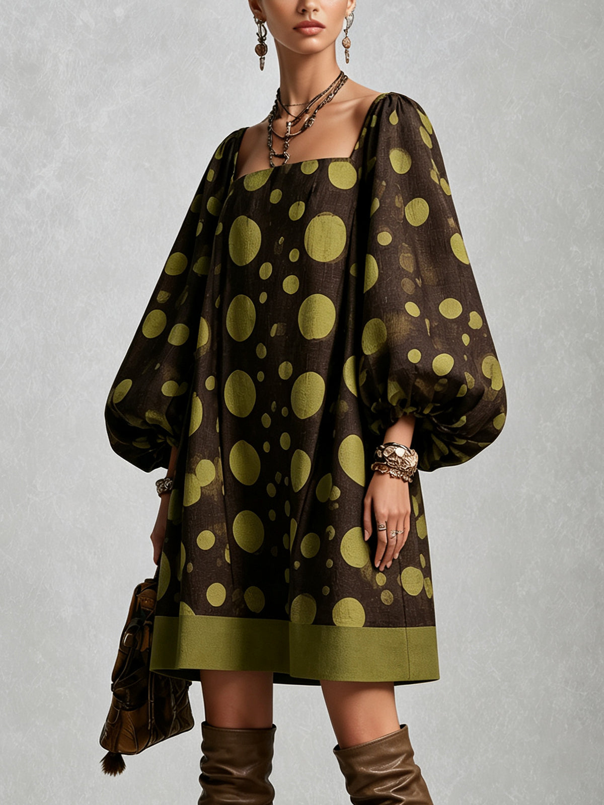 Olive Polka Dot Balloon Sleeve Mini Dress