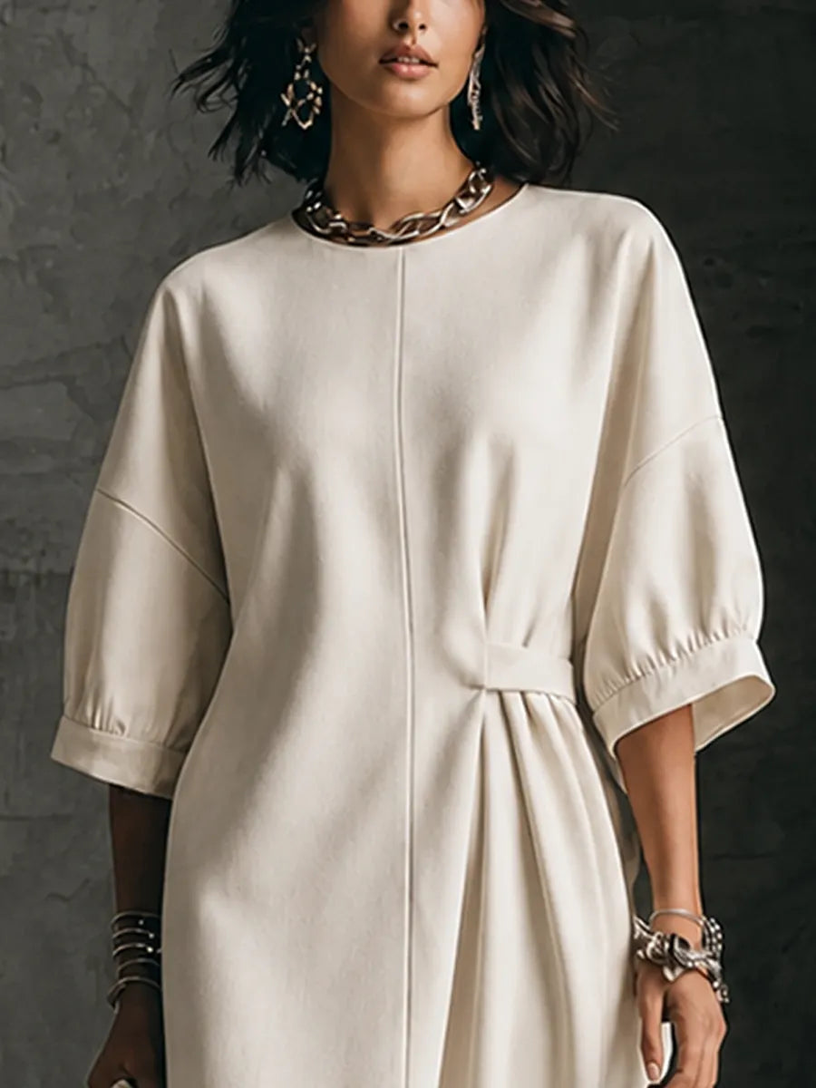 Women's Minimalist Ivory Cotton Blend Draped Waist Puff Sleeve Midi Dress MDZ1747G7GMJ