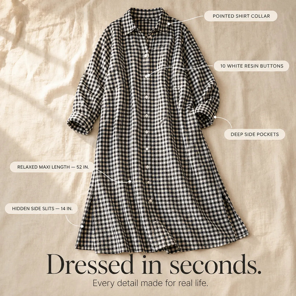 Harlowe – Gingham Button-Front Maxi Shirt Dress with Side Slits