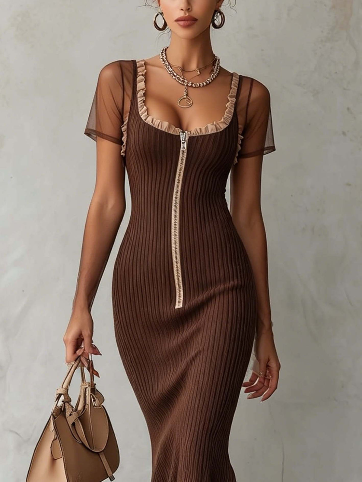 Coffee Brown Ribbed Knit Bodycon Dress With Sheer Mesh Sleeves