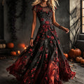 Women's Vintage Halloween Rose And Spiderweb Art Crew Neck Short Sleeve Maxi Dress