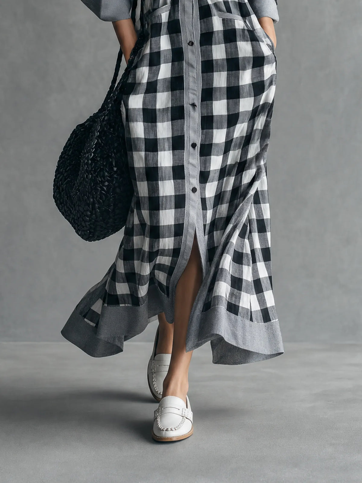 Women's Minimalist Plaid Color-Block Single-Breasted Long-Sleeve Maxi Dress MDZ2021G1WY