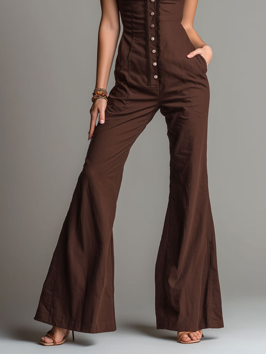Elegant Halter Button-Front Jumpsuit With Lace Trim