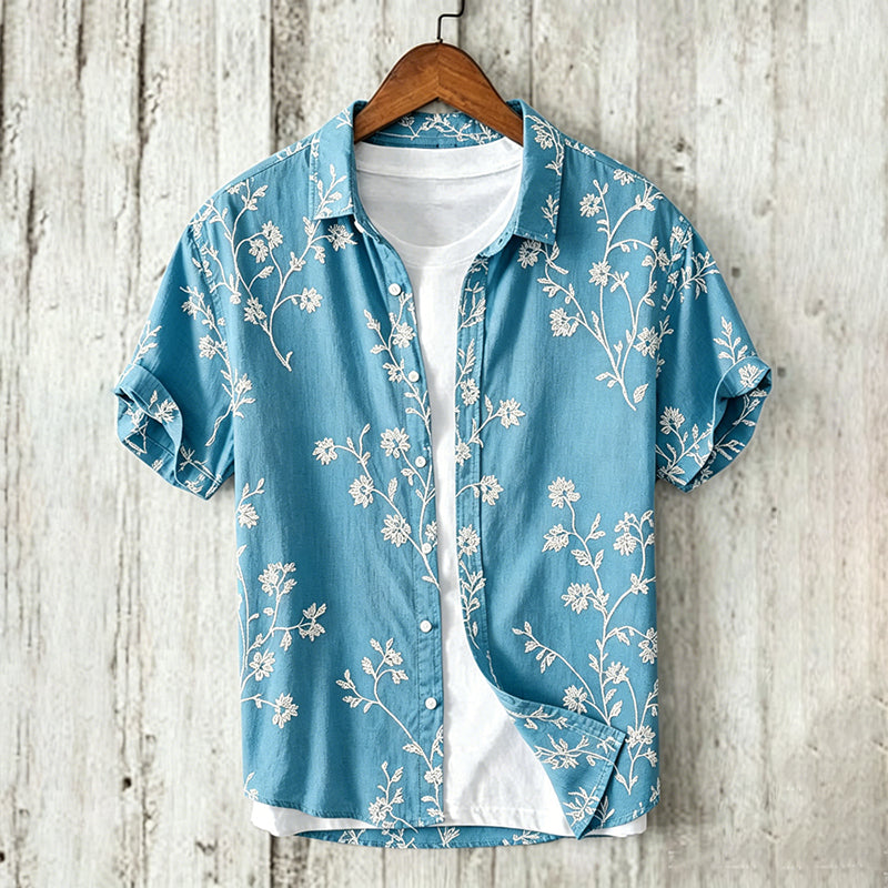 Men's Vintage Floral Art Print Flowy Linen Blend Short Sleeve Shirt