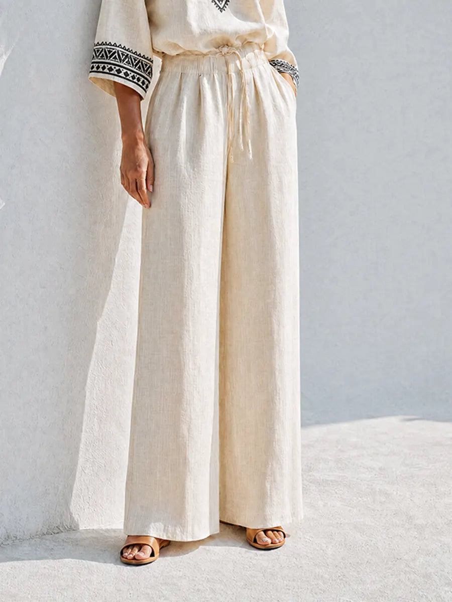 Women's Bohemian Resort-Style Beige Geometric-Embroidered V-Neck Bishop-Sleeve Drawstring Wide-Leg Linen Set MDZ1370G6CMX