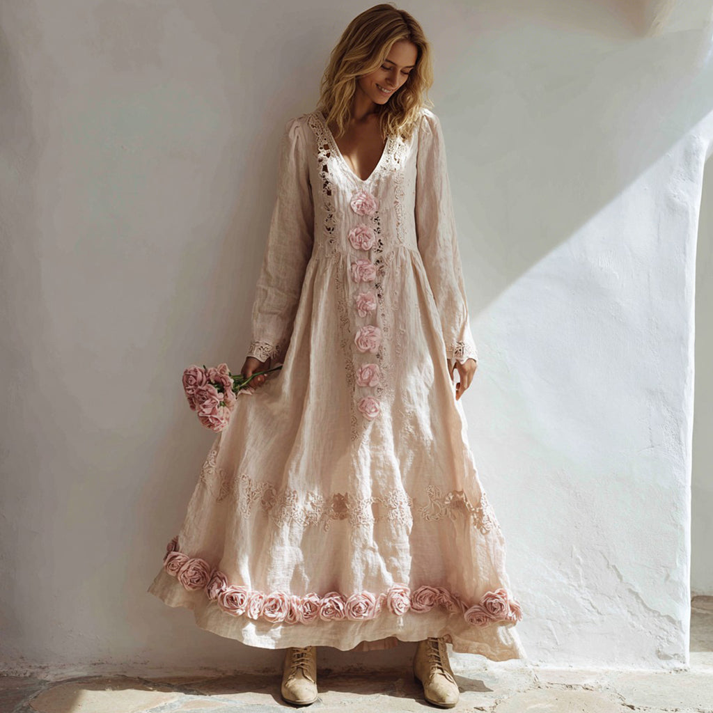 Women's Pink Rose Patchwork Lace Linen V-neck Dress