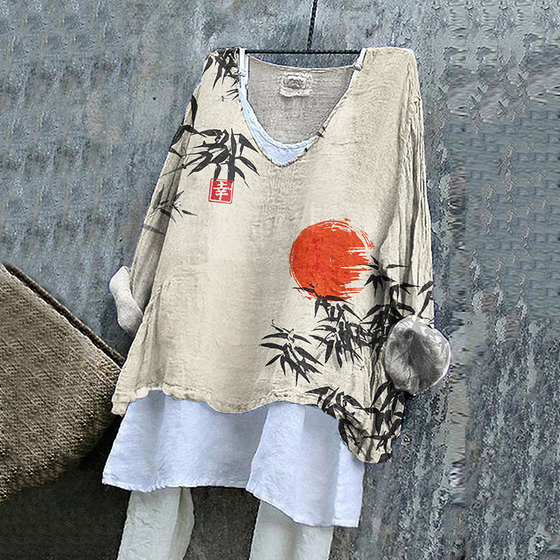 Vintage Japanese Bamboo Red Sun Art Linen Blend Tunic