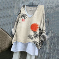 Vintage Japanese Bamboo Red Sun Art Linen Blend Tunic