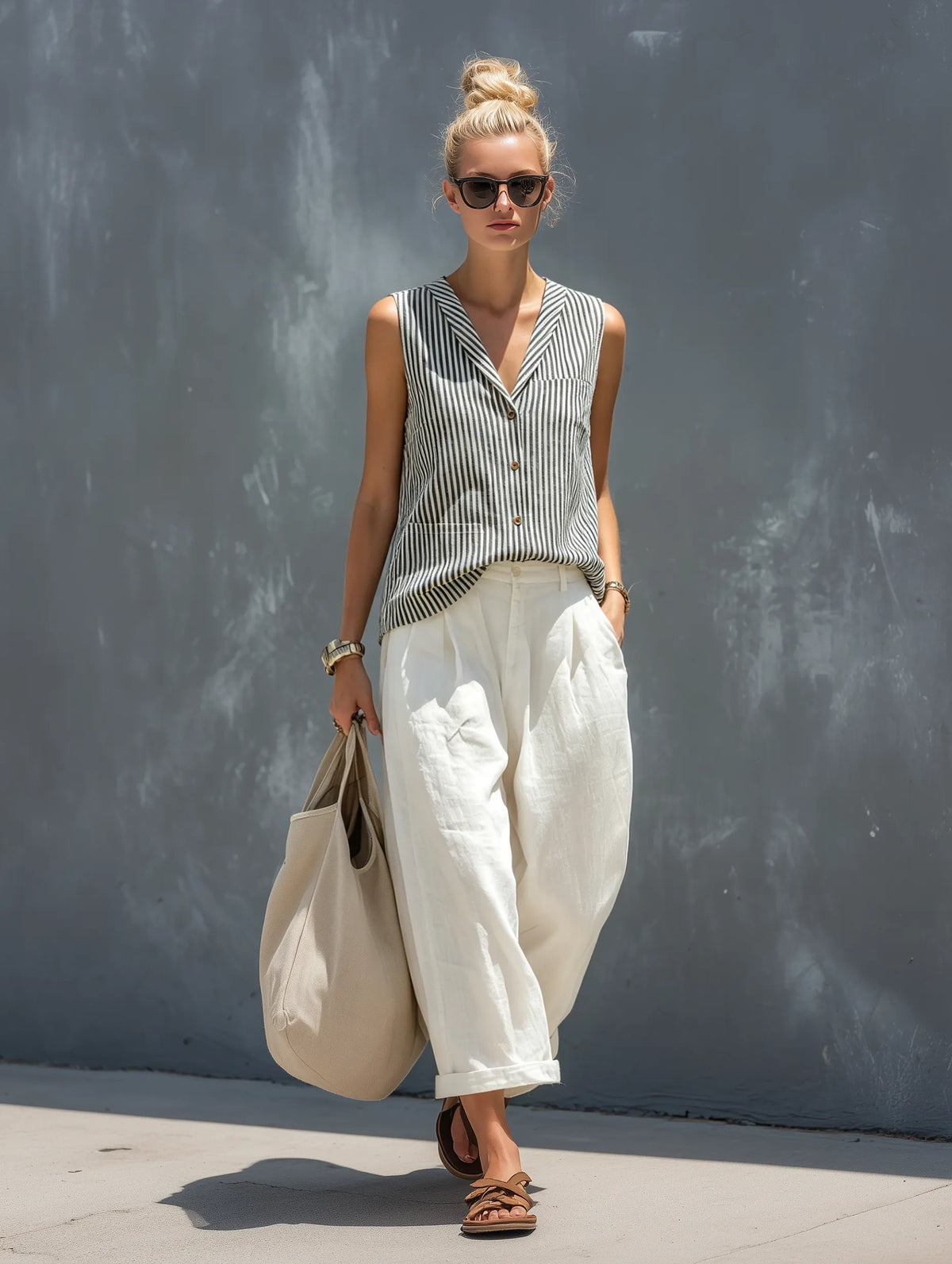 Women's Casual Striped Woven Sleeveless Vest Paired With White Cotton And Linen Trousers Set MDZ2815B5AN