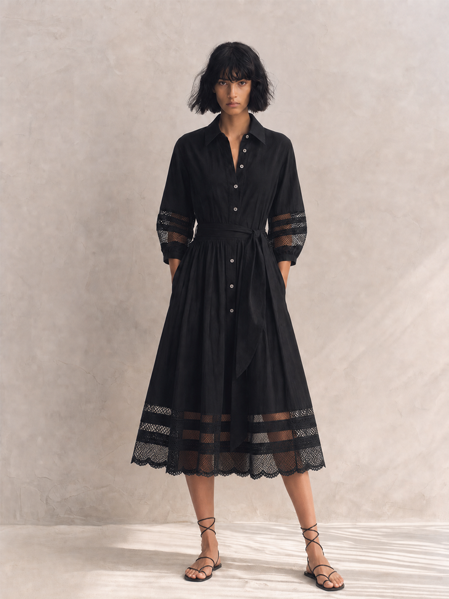 Women's Elegant Black Cotton Blend Collared Three-Quarter Sleeve Belted Lace Trim Button-Front Midi Shirt Dress MDZ1579G4ZSQ
