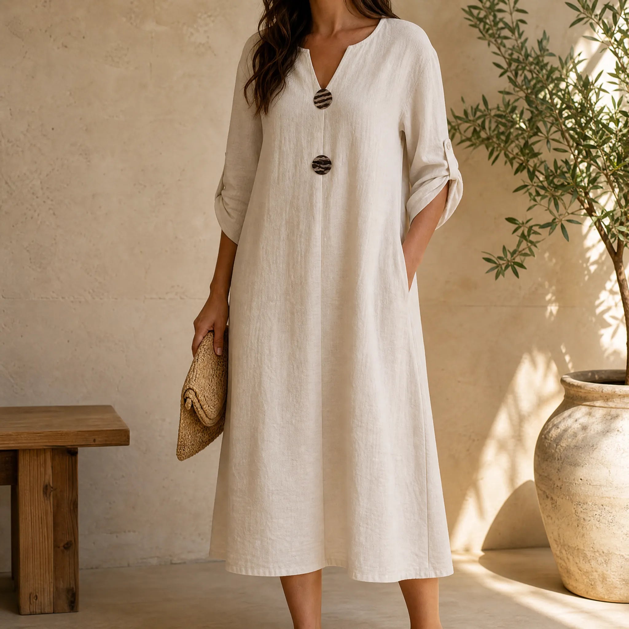 Soléma – Flowy V-Neck Midi Dress with Wooden Buttons