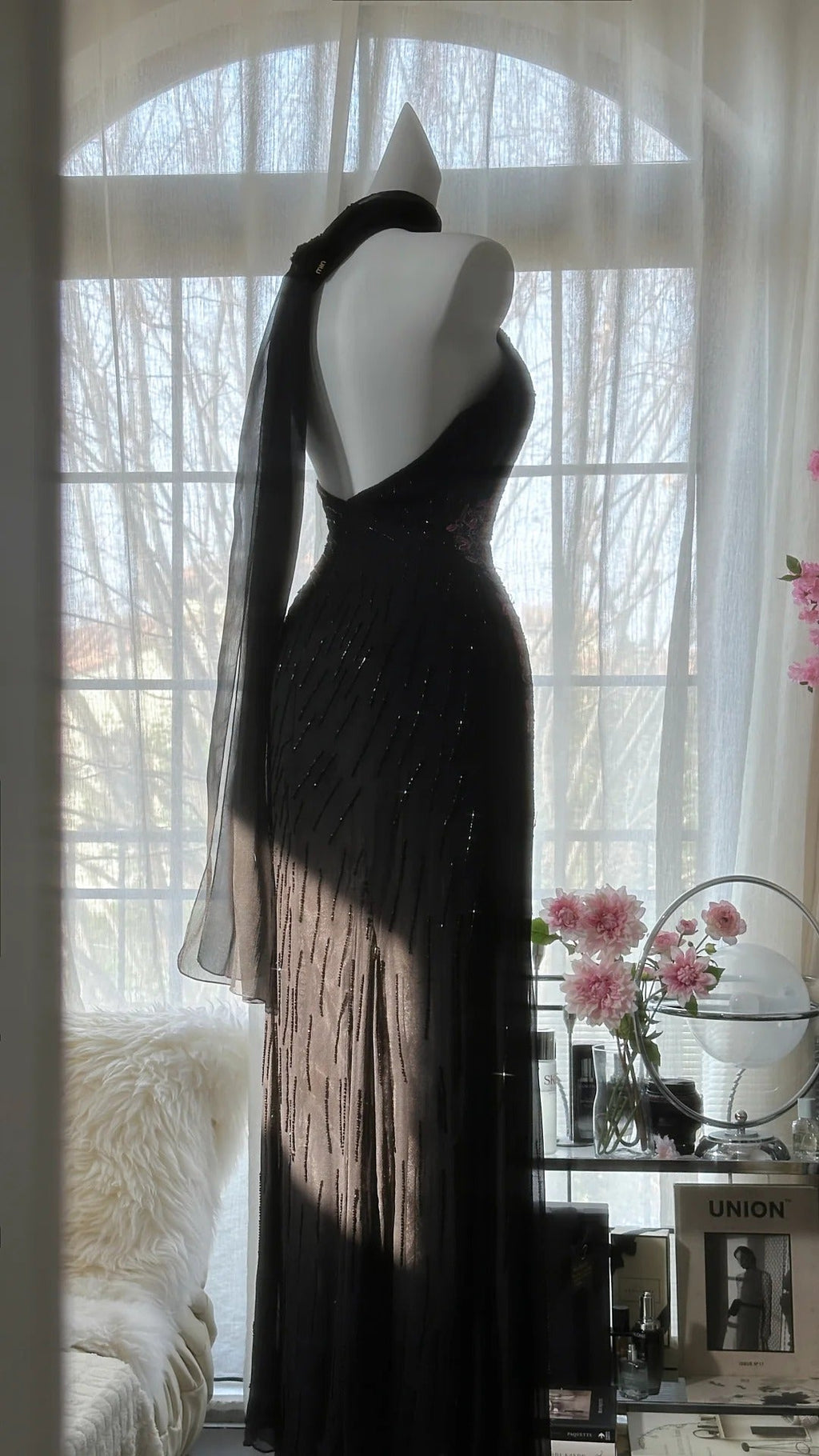 Black Shiny Vintage Elegant Romantic Delicate Pink Floral Beading Long Chiffon Homecoming Ball Gown Evening Dress Birthday/Wedding Guest/Holiday Party Dress Prom Dress