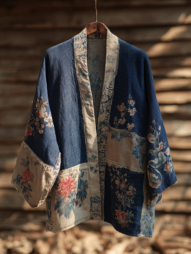 Vintage Japanese Traditional Sashiko Floral Patchwork Art Print Cotton And Linen Blend Kimono Cardigan
