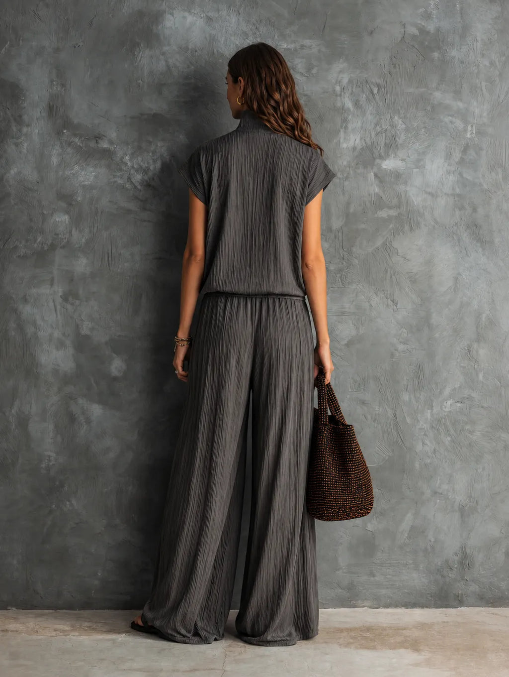 Women's Casual Grey Woven Pleated Short-sleeve Top Paired With Trousers MDZ1752G5LXY
