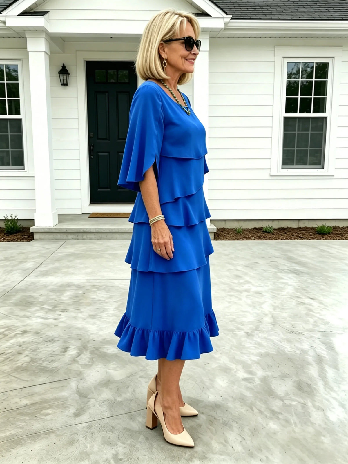 (Length end to the knee)Black Dress Style Fashion Solid Color Round Neck Cake Skirt Splicing Dress Women's Clothing