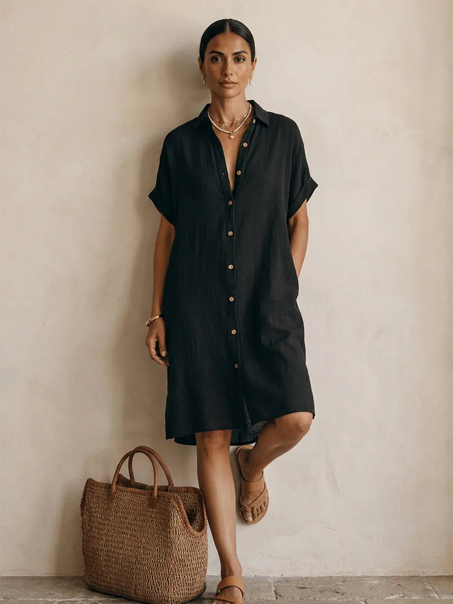 Modern Boho Effortless Black Linen Relaxed Midi Dress