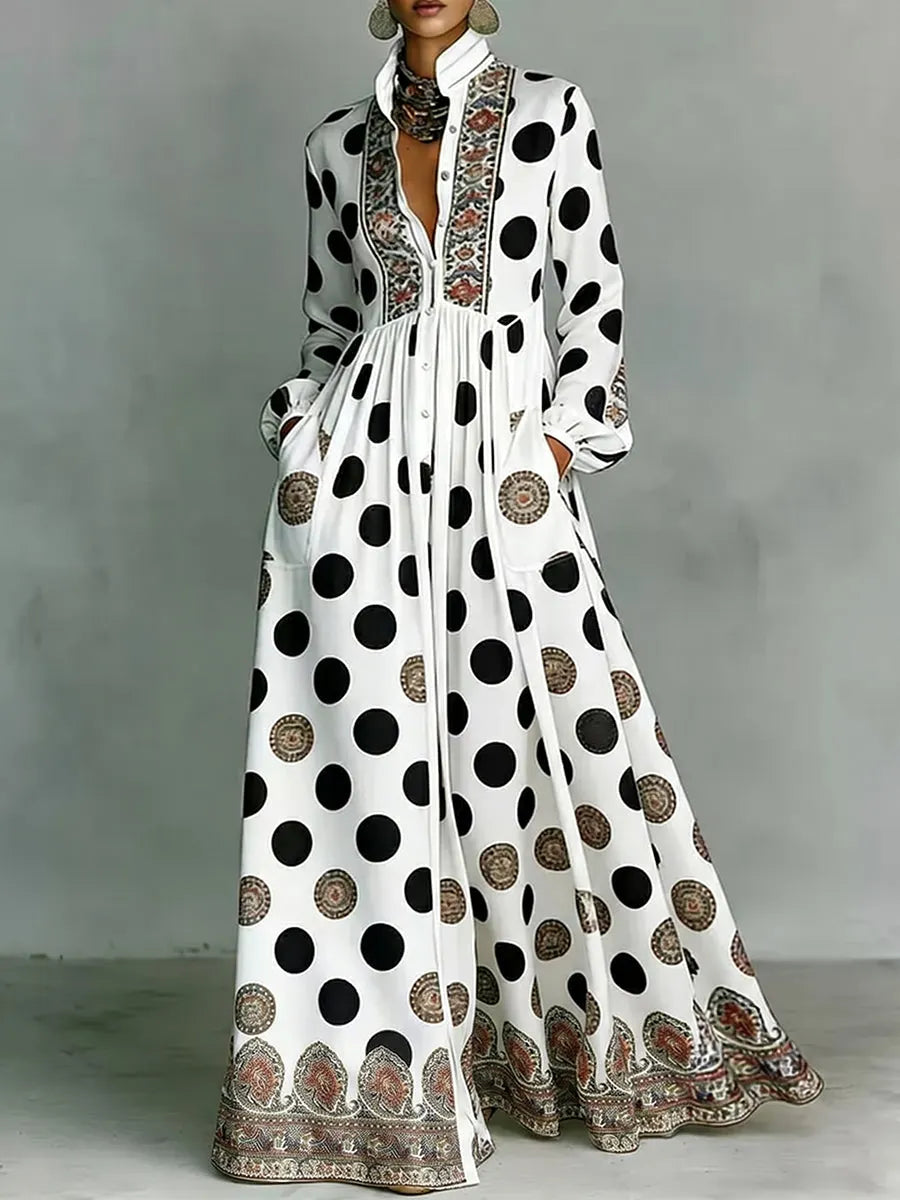 High Waisted Long Sleeves Big Hemline Buttoned Contrast Color Pleated Pockets Polka-Dot Stand Collar Maxi Dresses