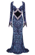 Long Sleeve Crystal Sequin Mermaid Maxi Dress Blue