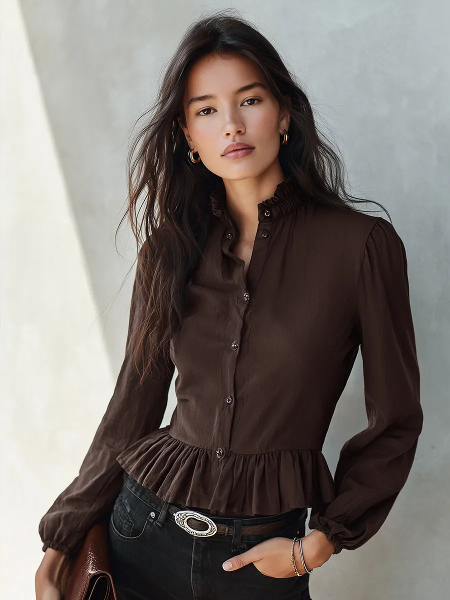 Women's Dark Brown Ruffled Stand Collar Long Sleeve Cropped Blouse MDZ1792G1ZRK